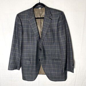 Vintage Grey Tan Plaid Wool Silk Blend Blazer Sport Coat 44R